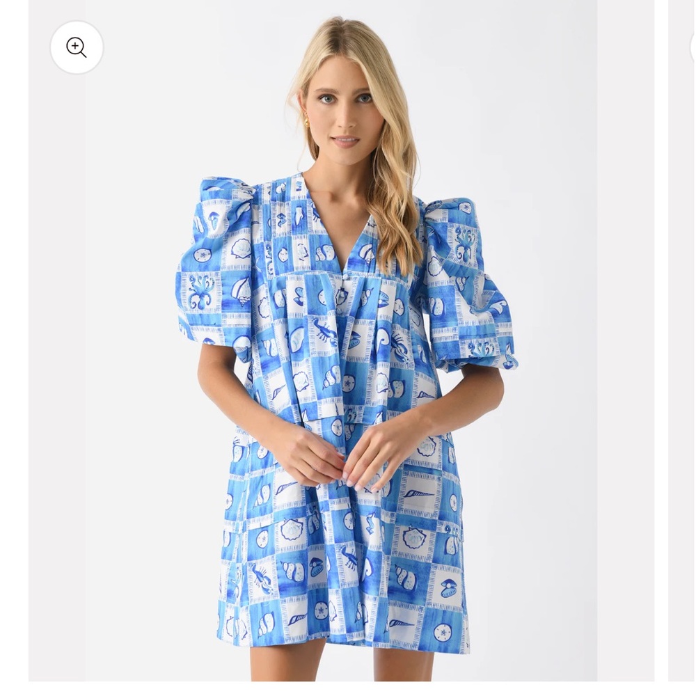 Hunter Bell Blue and White Puff Sleeve Mini Dress